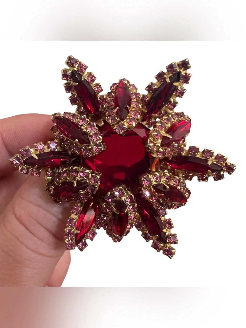 Vintage 1950s Unsigned High Tiered Ruby Red & Pink Rhinestone Starburst Brooch